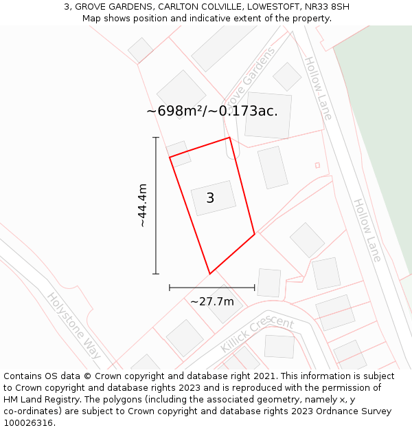 3, GROVE GARDENS, CARLTON COLVILLE, LOWESTOFT, NR33 8SH: Plot and title map