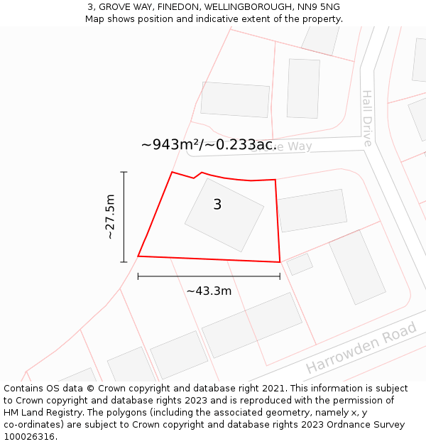 3, GROVE WAY, FINEDON, WELLINGBOROUGH, NN9 5NG: Plot and title map