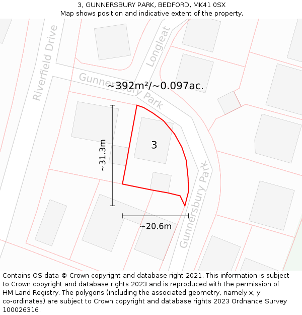 3, GUNNERSBURY PARK, BEDFORD, MK41 0SX: Plot and title map