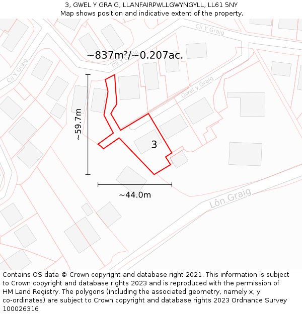 3, GWEL Y GRAIG, LLANFAIRPWLLGWYNGYLL, LL61 5NY: Plot and title map