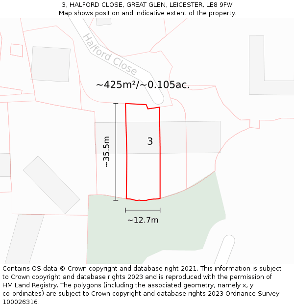 3, HALFORD CLOSE, GREAT GLEN, LEICESTER, LE8 9FW: Plot and title map