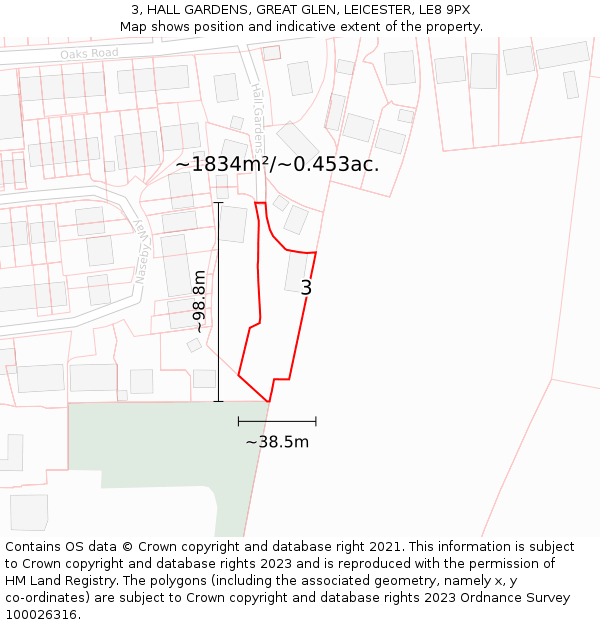 3, HALL GARDENS, GREAT GLEN, LEICESTER, LE8 9PX: Plot and title map