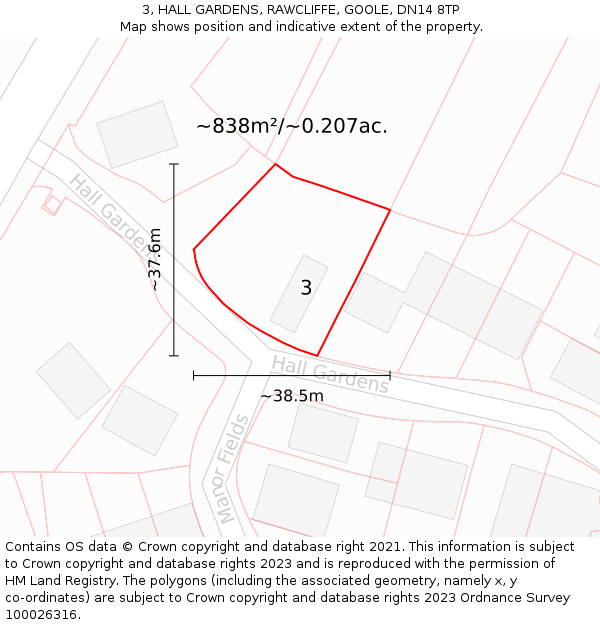 3, HALL GARDENS, RAWCLIFFE, GOOLE, DN14 8TP: Plot and title map