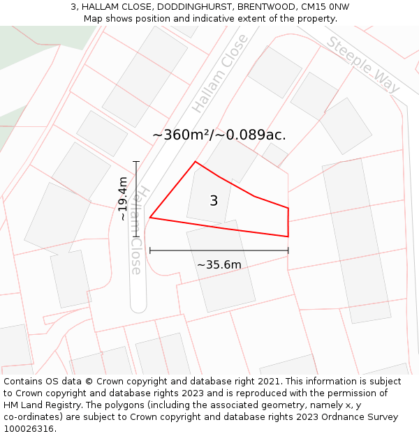 3, HALLAM CLOSE, DODDINGHURST, BRENTWOOD, CM15 0NW: Plot and title map