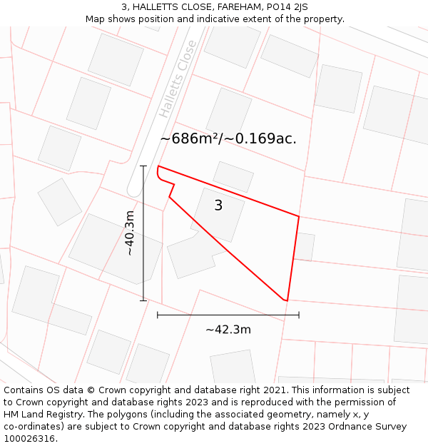 3, HALLETTS CLOSE, FAREHAM, PO14 2JS: Plot and title map