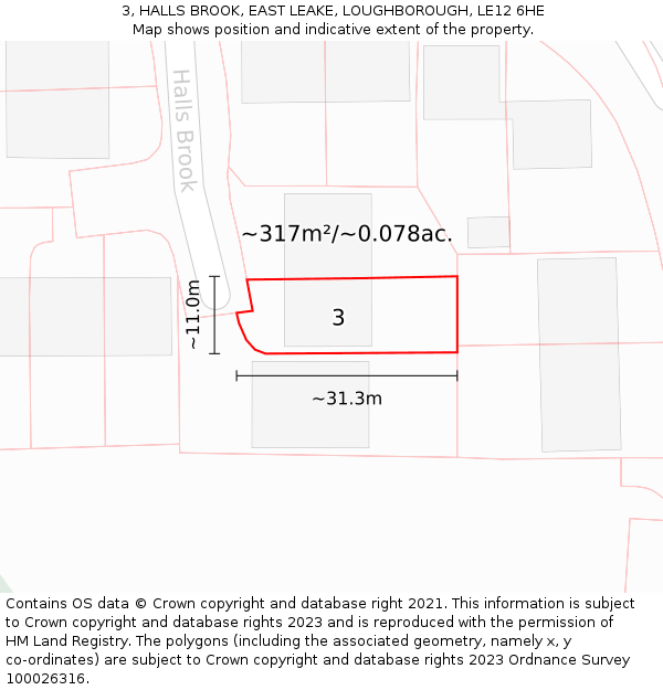 3, HALLS BROOK, EAST LEAKE, LOUGHBOROUGH, LE12 6HE: Plot and title map