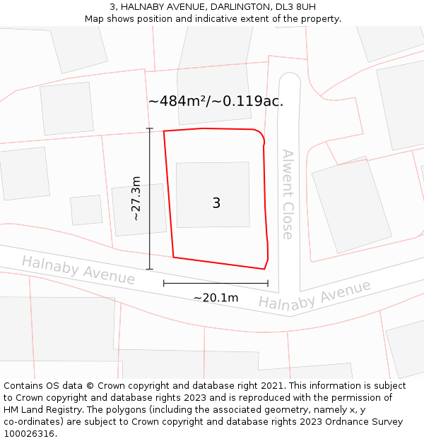 3, HALNABY AVENUE, DARLINGTON, DL3 8UH: Plot and title map
