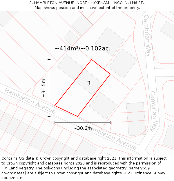 3, HAMBLETON AVENUE, NORTH HYKEHAM, LINCOLN, LN6 9TU: Plot and title map