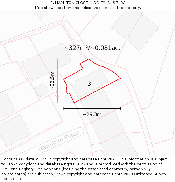 3, HAMILTON CLOSE, HORLEY, RH6 7HW: Plot and title map