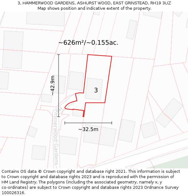 3, HAMMERWOOD GARDENS, ASHURST WOOD, EAST GRINSTEAD, RH19 3UZ: Plot and title map