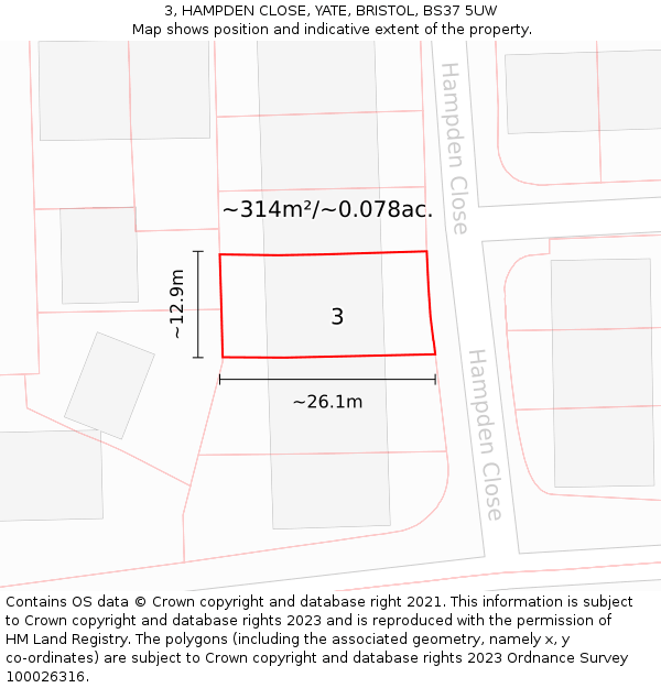 3, HAMPDEN CLOSE, YATE, BRISTOL, BS37 5UW: Plot and title map