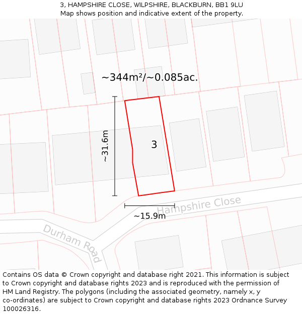 3, HAMPSHIRE CLOSE, WILPSHIRE, BLACKBURN, BB1 9LU: Plot and title map