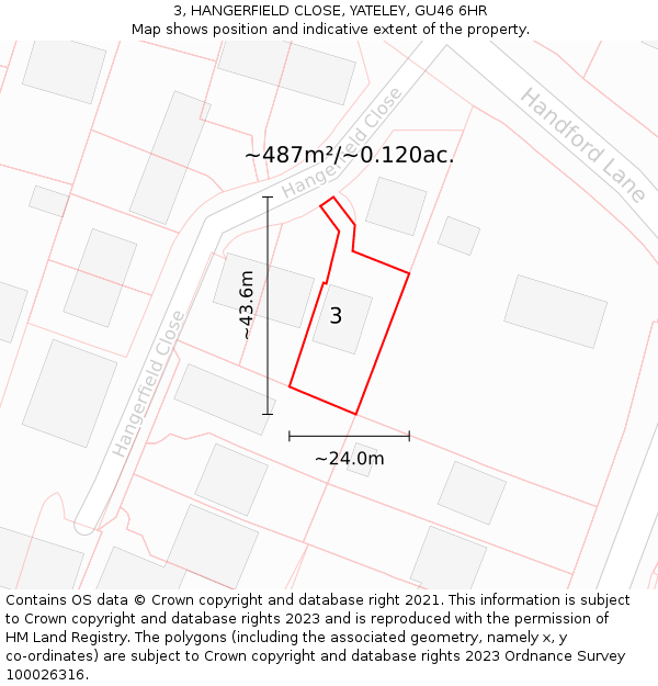 3, HANGERFIELD CLOSE, YATELEY, GU46 6HR: Plot and title map
