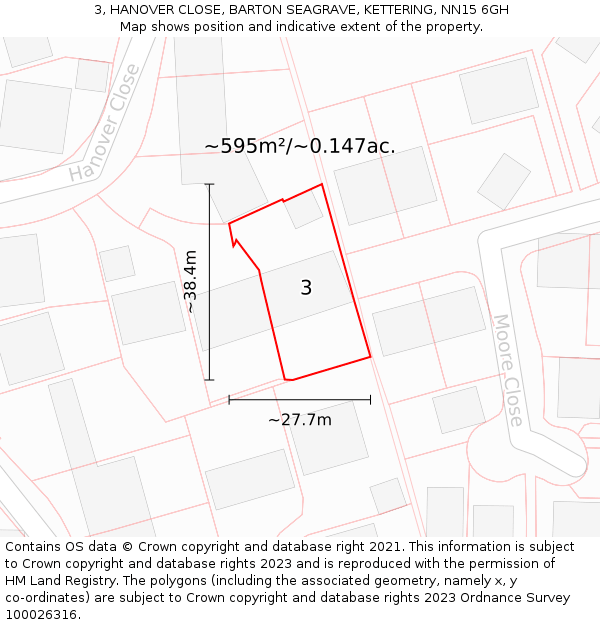 3, HANOVER CLOSE, BARTON SEAGRAVE, KETTERING, NN15 6GH: Plot and title map