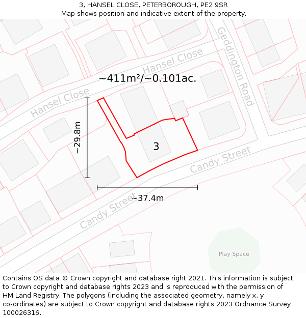 3, HANSEL CLOSE, PETERBOROUGH, PE2 9SR: Plot and title map