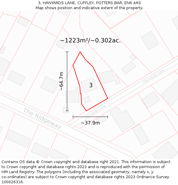 3, HANYARDS LANE, CUFFLEY, POTTERS BAR, EN6 4AS: Plot and title map