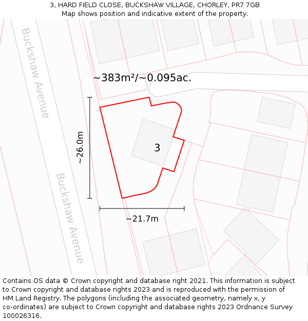 3, HARD FIELD CLOSE, BUCKSHAW VILLAGE, CHORLEY, PR7 7GB: Plot and title map