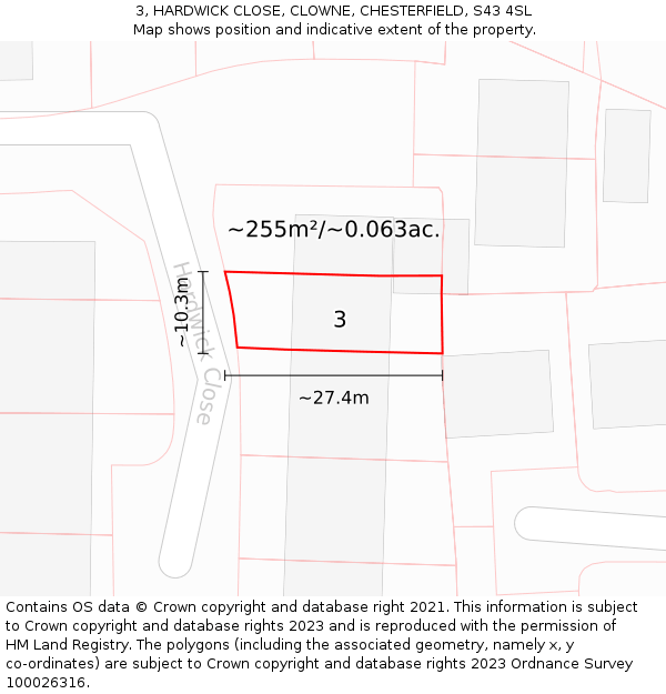 3, HARDWICK CLOSE, CLOWNE, CHESTERFIELD, S43 4SL: Plot and title map
