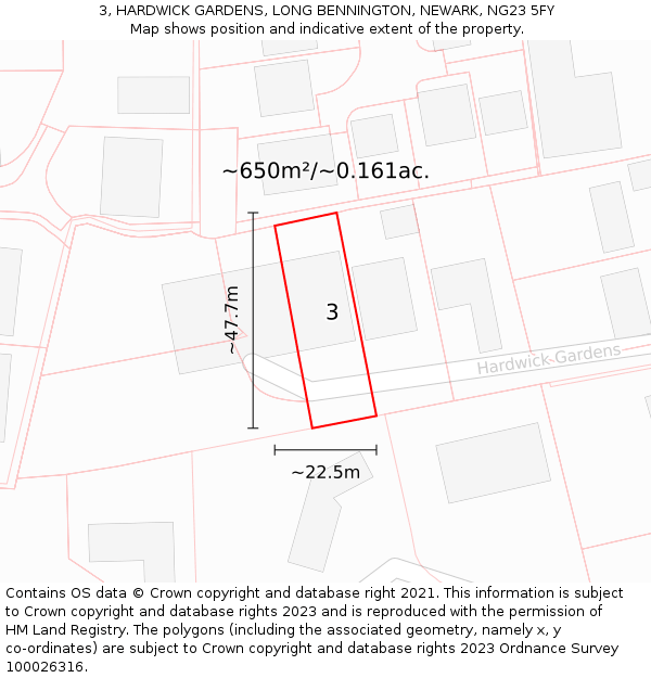 3, HARDWICK GARDENS, LONG BENNINGTON, NEWARK, NG23 5FY: Plot and title map