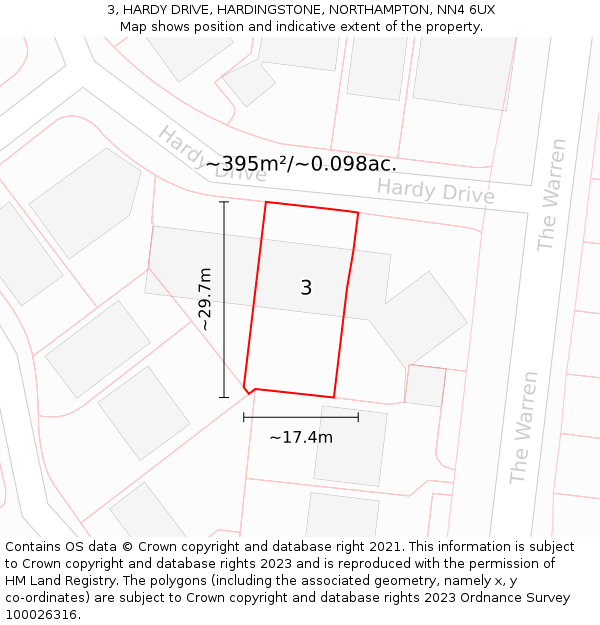 3, HARDY DRIVE, HARDINGSTONE, NORTHAMPTON, NN4 6UX: Plot and title map
