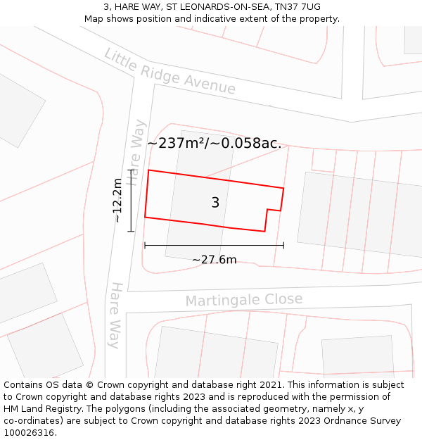 3, HARE WAY, ST LEONARDS-ON-SEA, TN37 7UG: Plot and title map