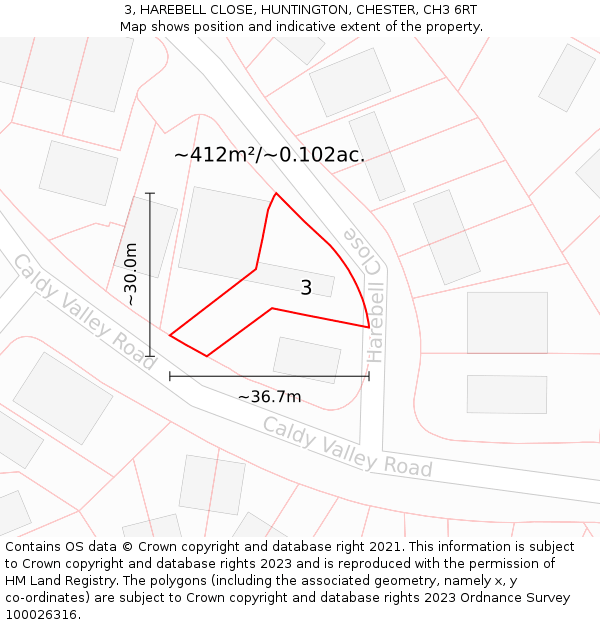 3, HAREBELL CLOSE, HUNTINGTON, CHESTER, CH3 6RT: Plot and title map