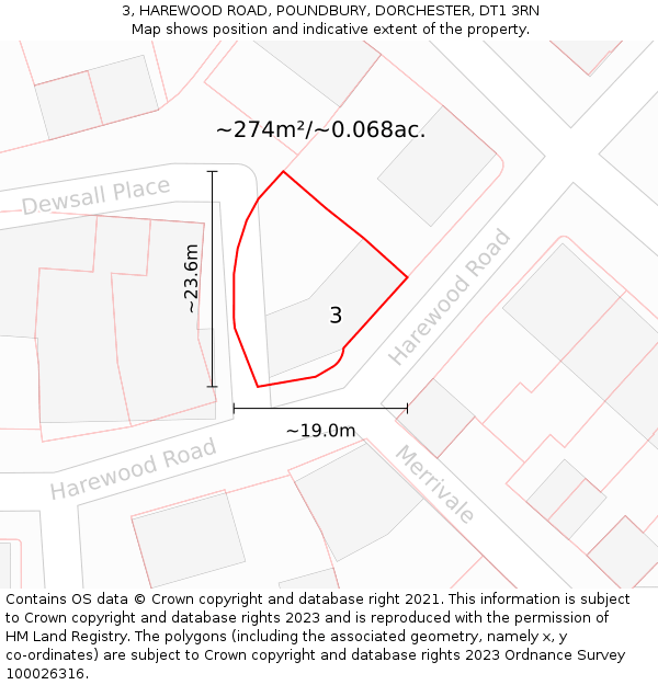 3, HAREWOOD ROAD, POUNDBURY, DORCHESTER, DT1 3RN: Plot and title map