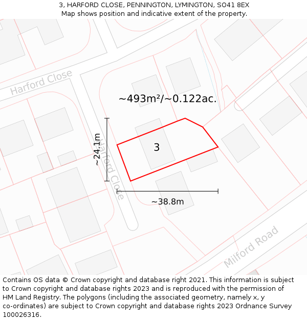 3, HARFORD CLOSE, PENNINGTON, LYMINGTON, SO41 8EX: Plot and title map