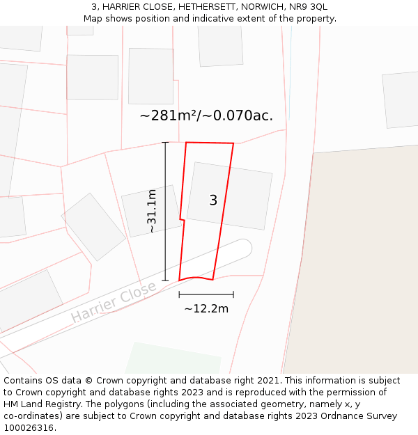 3, HARRIER CLOSE, HETHERSETT, NORWICH, NR9 3QL: Plot and title map