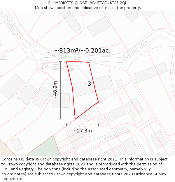 3, HARRIOTTS CLOSE, ASHTEAD, KT21 2QL: Plot and title map