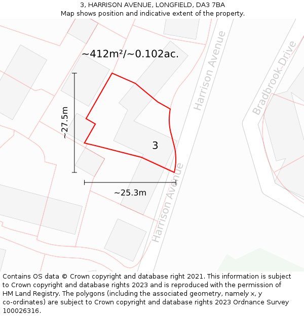 3, HARRISON AVENUE, LONGFIELD, DA3 7BA: Plot and title map