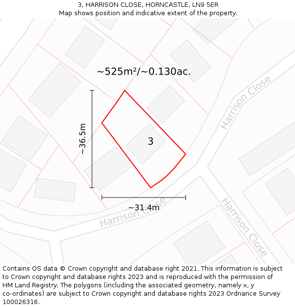 3, HARRISON CLOSE, HORNCASTLE, LN9 5ER: Plot and title map