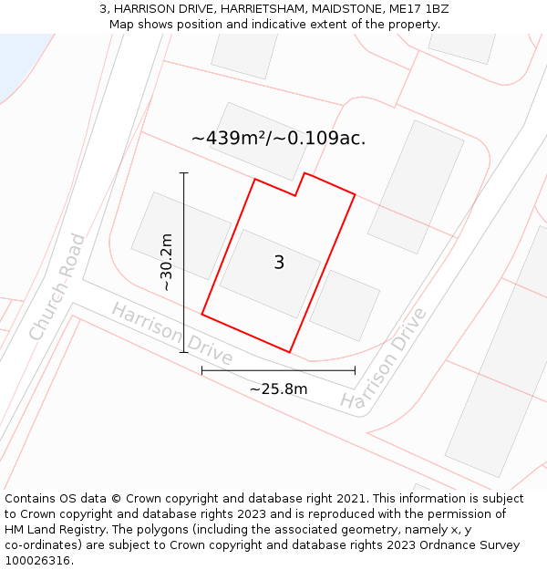3, HARRISON DRIVE, HARRIETSHAM, MAIDSTONE, ME17 1BZ: Plot and title map