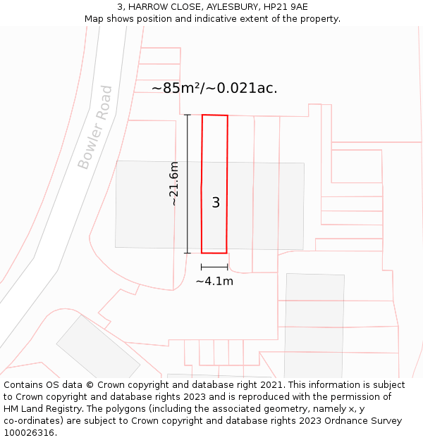 3, HARROW CLOSE, AYLESBURY, HP21 9AE: Plot and title map