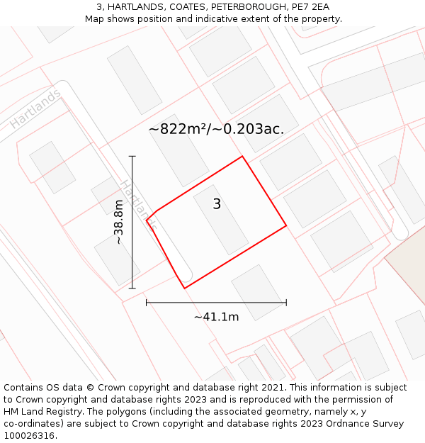 3, HARTLANDS, COATES, PETERBOROUGH, PE7 2EA: Plot and title map