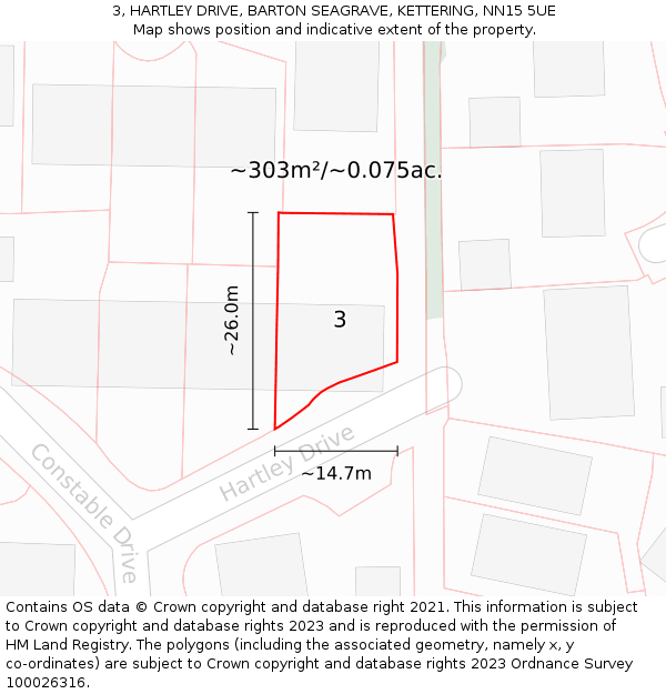 3, HARTLEY DRIVE, BARTON SEAGRAVE, KETTERING, NN15 5UE: Plot and title map