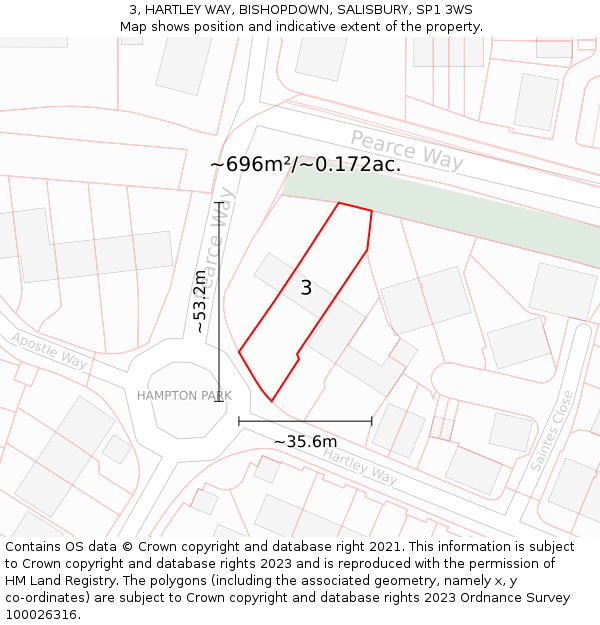 3, HARTLEY WAY, BISHOPDOWN, SALISBURY, SP1 3WS: Plot and title map