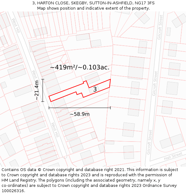 3, HARTON CLOSE, SKEGBY, SUTTON-IN-ASHFIELD, NG17 3FS: Plot and title map