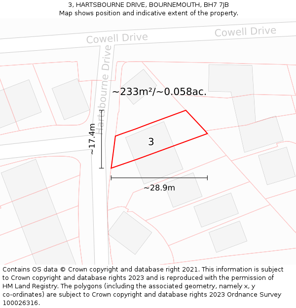 3, HARTSBOURNE DRIVE, BOURNEMOUTH, BH7 7JB: Plot and title map