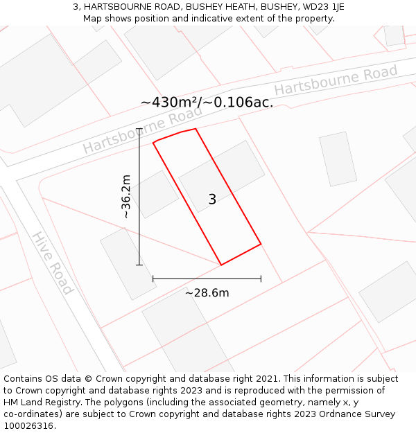 3, HARTSBOURNE ROAD, BUSHEY HEATH, BUSHEY, WD23 1JE: Plot and title map