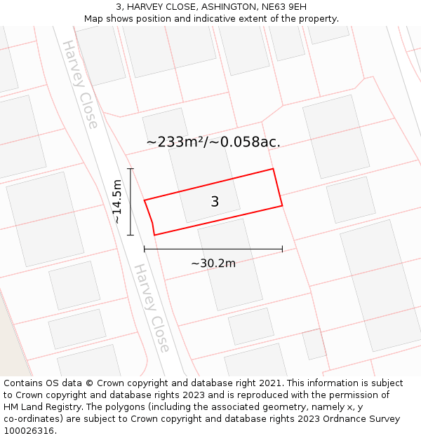 3, HARVEY CLOSE, ASHINGTON, NE63 9EH: Plot and title map