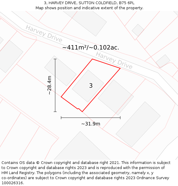 3, HARVEY DRIVE, SUTTON COLDFIELD, B75 6PL: Plot and title map