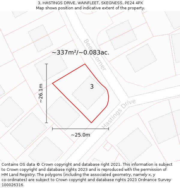 3, HASTINGS DRIVE, WAINFLEET, SKEGNESS, PE24 4PX: Plot and title map