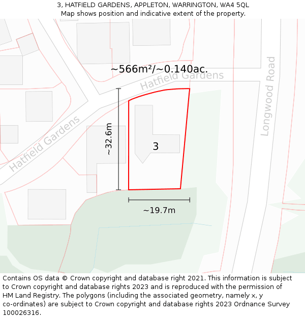 3, HATFIELD GARDENS, APPLETON, WARRINGTON, WA4 5QL: Plot and title map