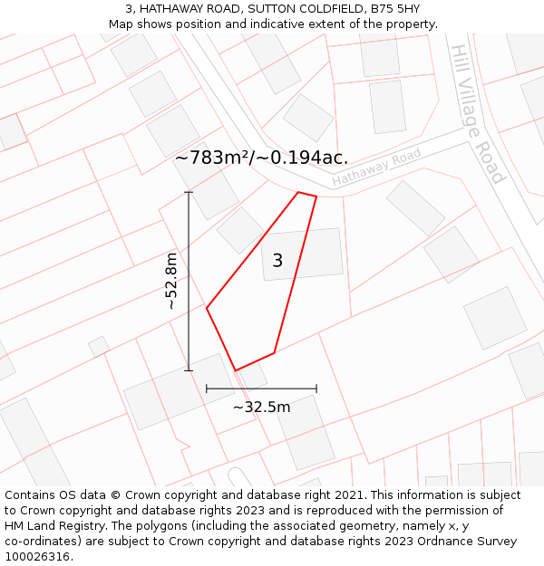 3, HATHAWAY ROAD, SUTTON COLDFIELD, B75 5HY: Plot and title map