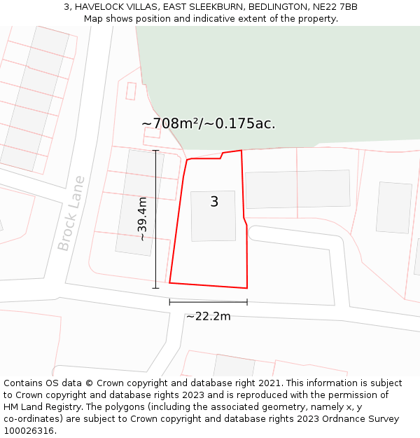 3, HAVELOCK VILLAS, EAST SLEEKBURN, BEDLINGTON, NE22 7BB: Plot and title map