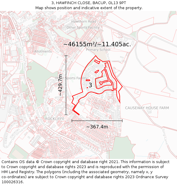 3, HAWFINCH CLOSE, BACUP, OL13 9PT: Plot and title map