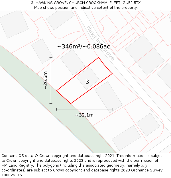 3, HAWKINS GROVE, CHURCH CROOKHAM, FLEET, GU51 5TX: Plot and title map