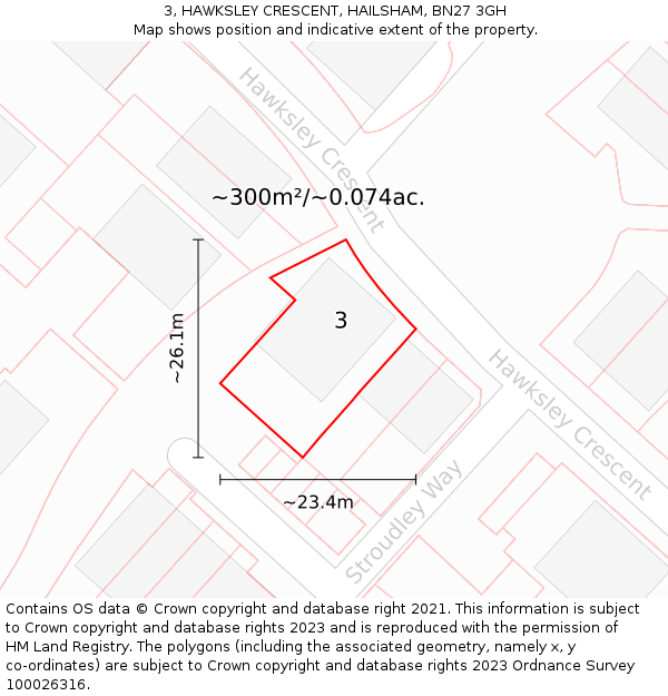3, HAWKSLEY CRESCENT, HAILSHAM, BN27 3GH: Plot and title map