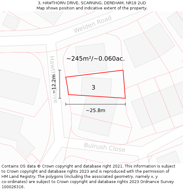 3, HAWTHORN DRIVE, SCARNING, DEREHAM, NR19 2UD: Plot and title map